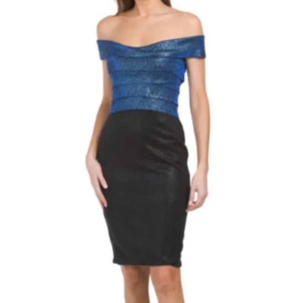 RENE by Rene Ruiz Metallic Off The Shoulder Layered Cocktail Dress, Navy & Black